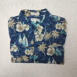 Pierre Cardin Shirt Mens 2XL Blue Hawaiian Rayon Sailboat Floral Button Front